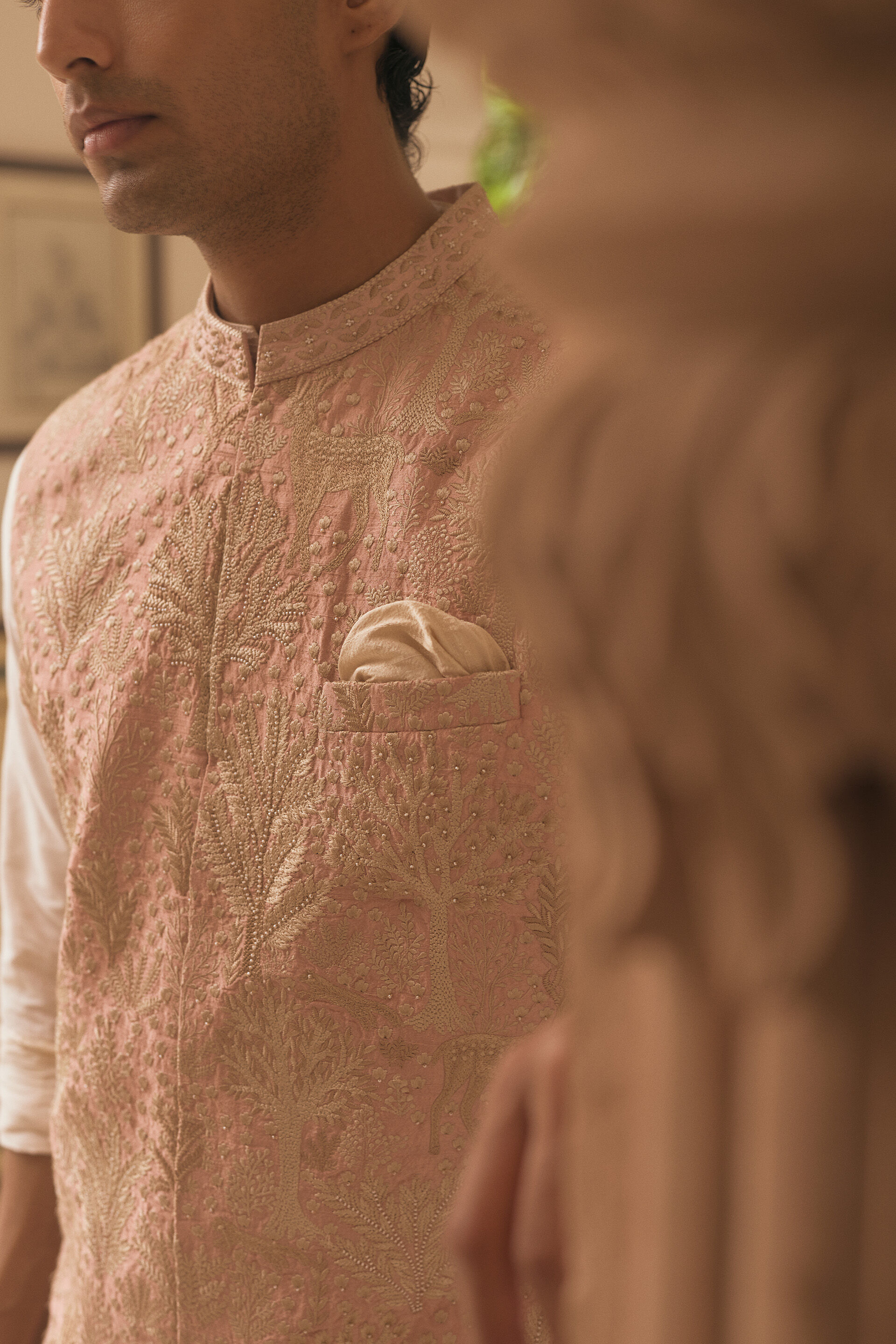 Kirav Embroidered Silk Nehru Jacket - Blush, Blush, image 4